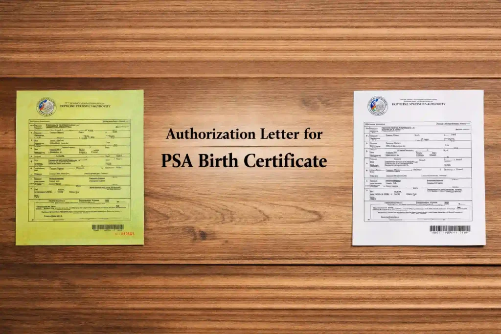 Authorization-letter-for-PSA-birth-certificate:-showing-PSA-birth-certificate-document-on-wooden-table