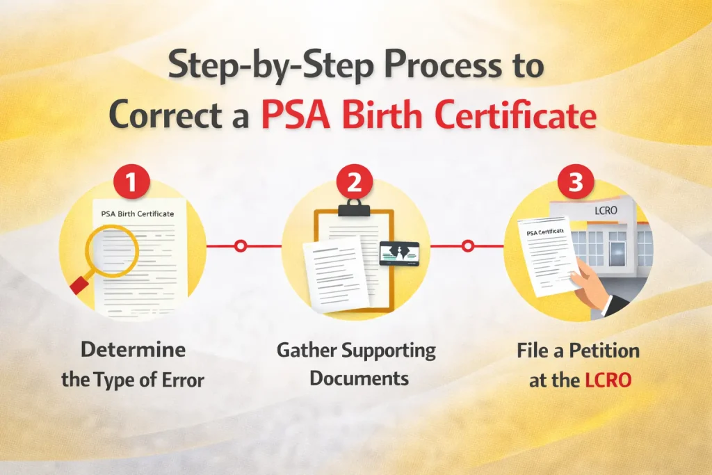 Step-by-step-process-to-correct-PSA-Birth-Certificate,-including-determining-error,-gathering-documents,-and-filing-a-petition-at-LCRO