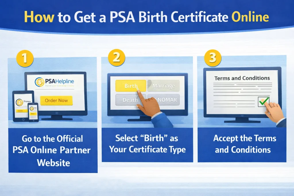 Steps-to-get-PSA-Birth-Certificate-online,-including-visiting-PSA-website,-selecting-Birth-type,-and-accepting-terms-and-conditions