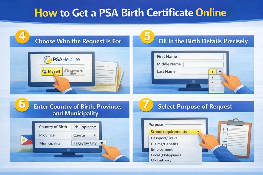 Steps-to-get-PSA-Birth-Certificate-online,-including-choosing-requestor,-filling-birth-details,-entering-location,-and-selecting-purpose-of-request