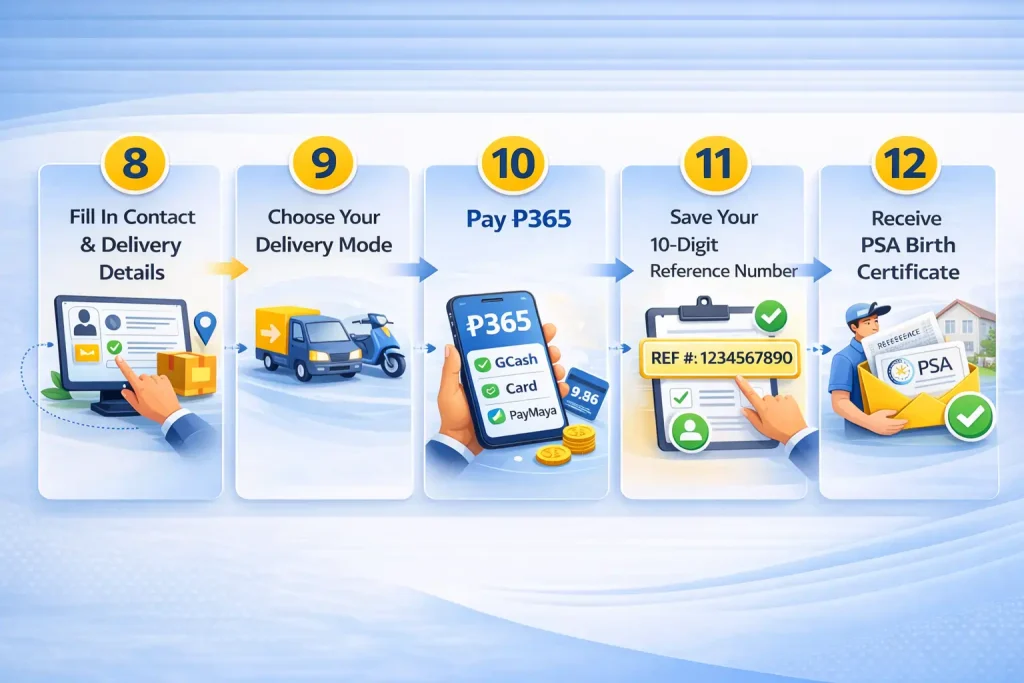 The-image-shows-a-step-by-step-process-for-ordering-PSA-Birth-Certificate,-starting-from-filling-in-contact-details,-choosing-delivery-mode,-paying-₱365,-saving-the-10-digit-reference-number,-and-receiving-the-birth-certificate