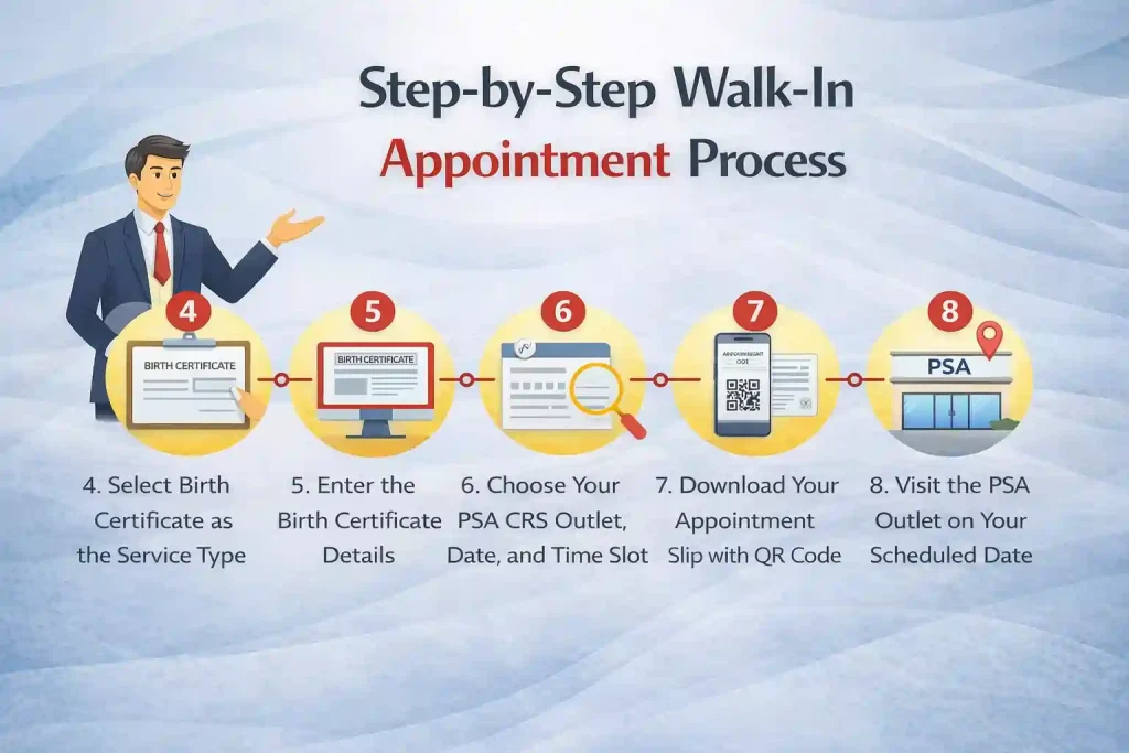 Step-by-step-walk-in-appointment-process:-select-service-type,-enter-details,-choose-outlet,-download-slip,-visit-PSA-on-scheduled-date