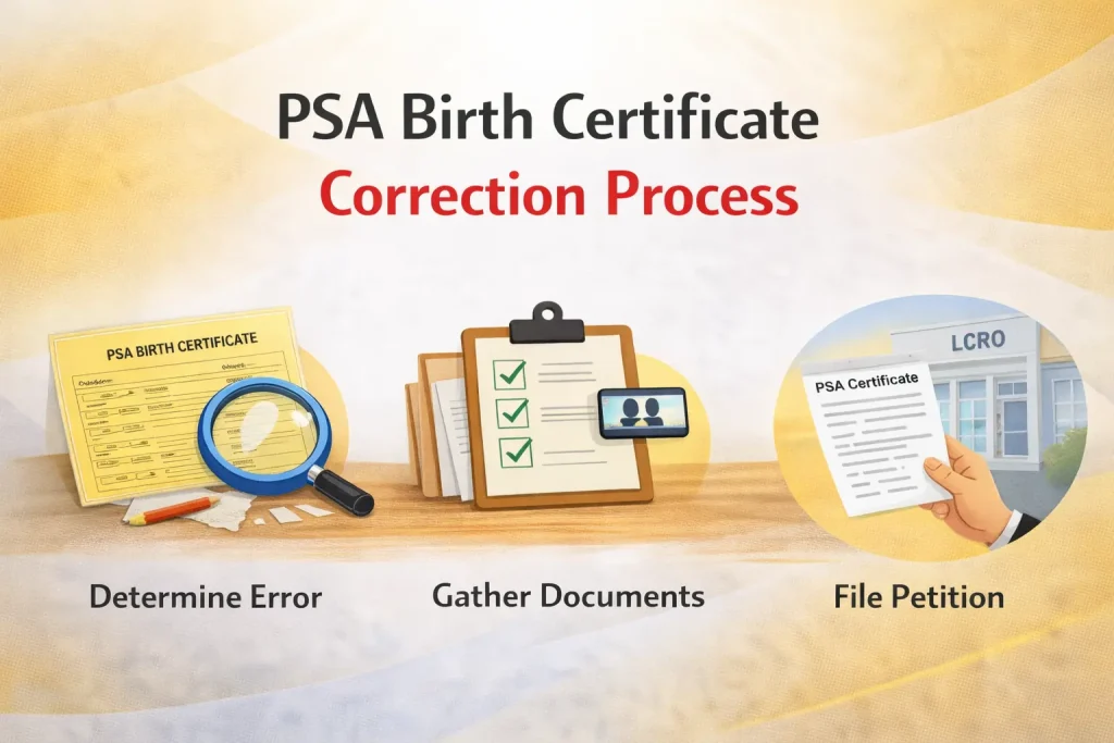 Step-by-step-process-to-correct-PSA-Birth-Certificate,-including-determining-error,-gathering-documents,-and-filing-a-petition-at-LCRO