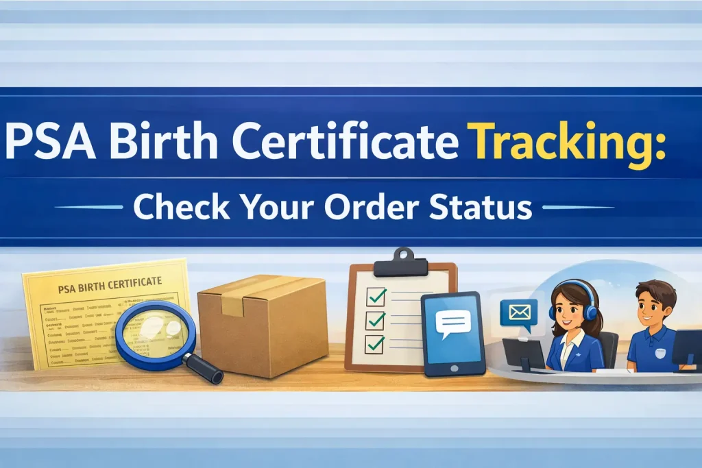 PSA-Birth-Certificate-tracking-with-magnifying-glass,-package,-checklist,-smartphone,-and-customer-service-representatives-assisting-with-order-status