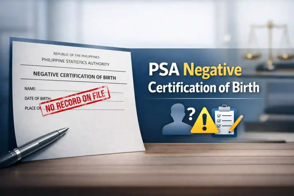 The-image-shows-a-PSA-Negative-Certification-of-Birth-document-with-a-red-NO-RECORD-ON-FILE-stamp,-a-pen,-and-icons-symbolizing-questions-and-checklist.