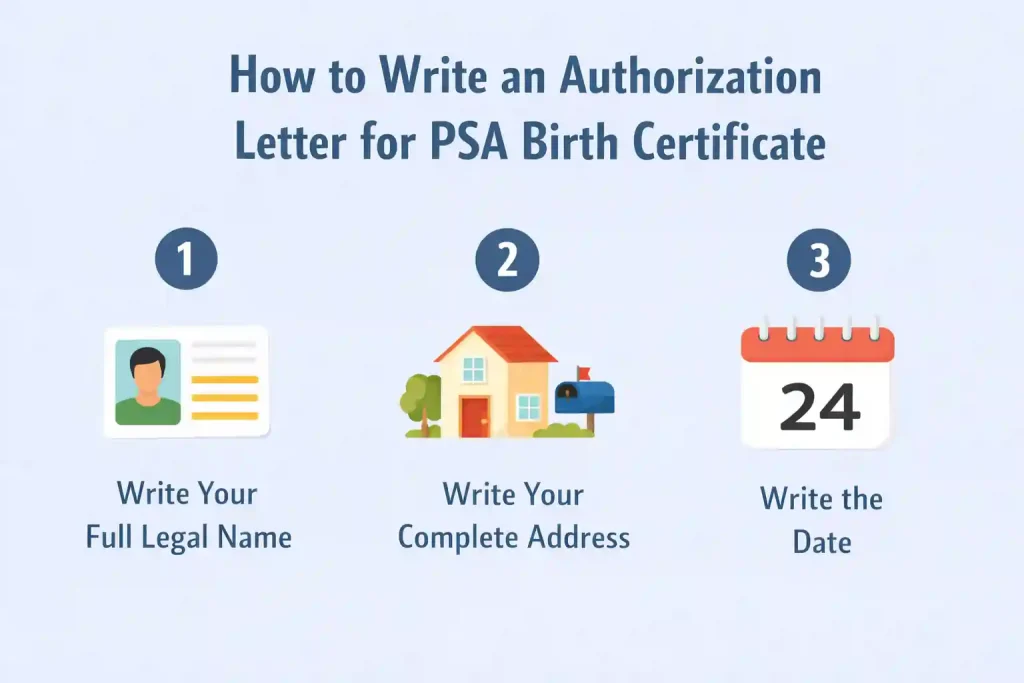 How-to-write-authorization-letter-for-PSA-birth-certificate:-write-full-name,-complete-address,-date